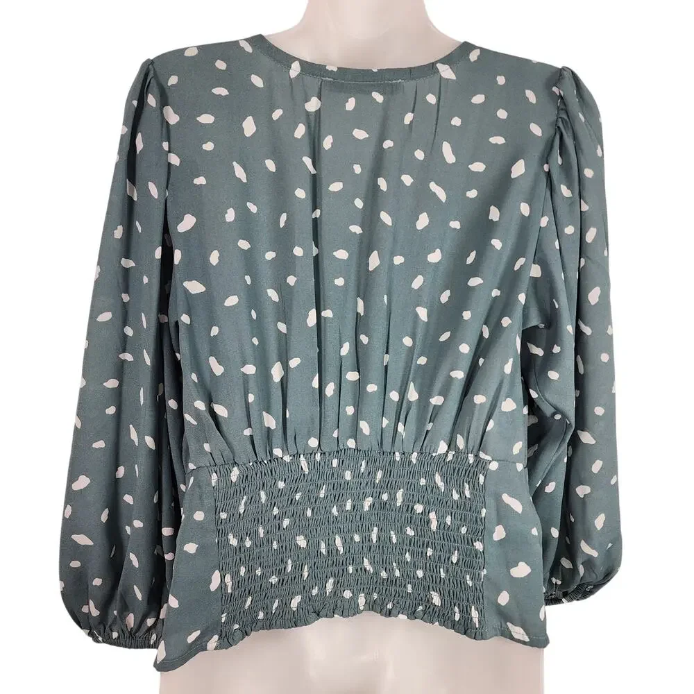 Abercrombie & Fitch Women’s Babydoll Top Green White Dots V Neck Smocking Medium